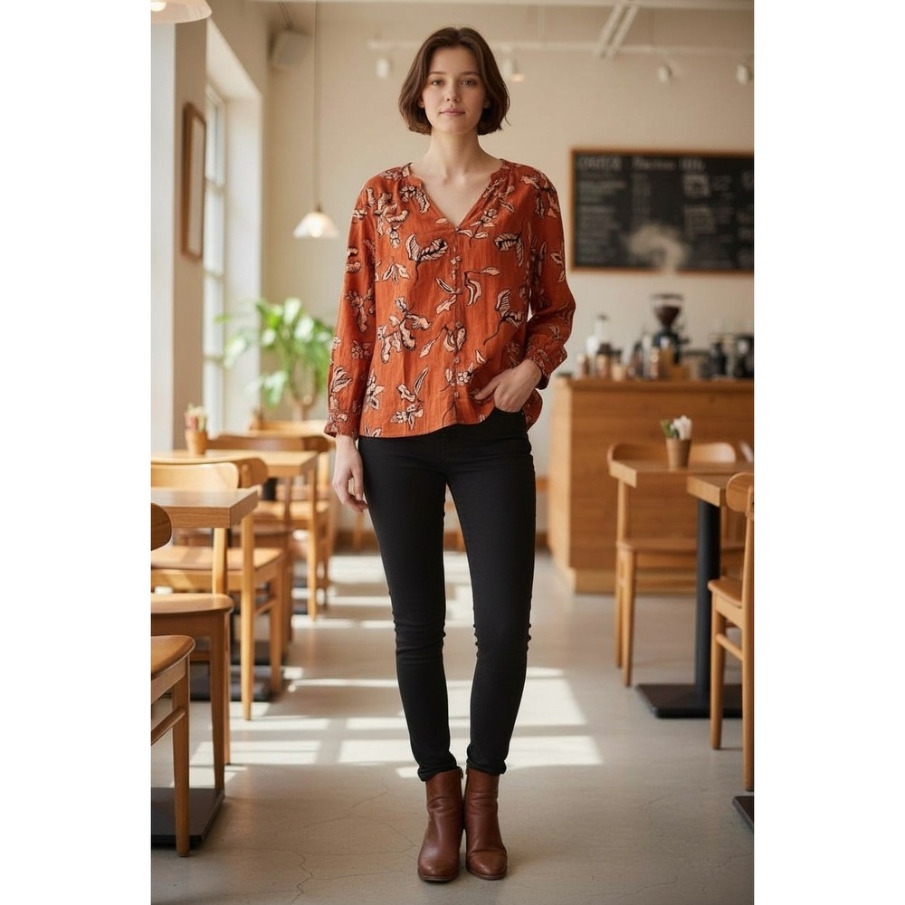 NWT SONOMA Goods for Life Womens XL Floral Print Button Front Long Sleeve Blouse